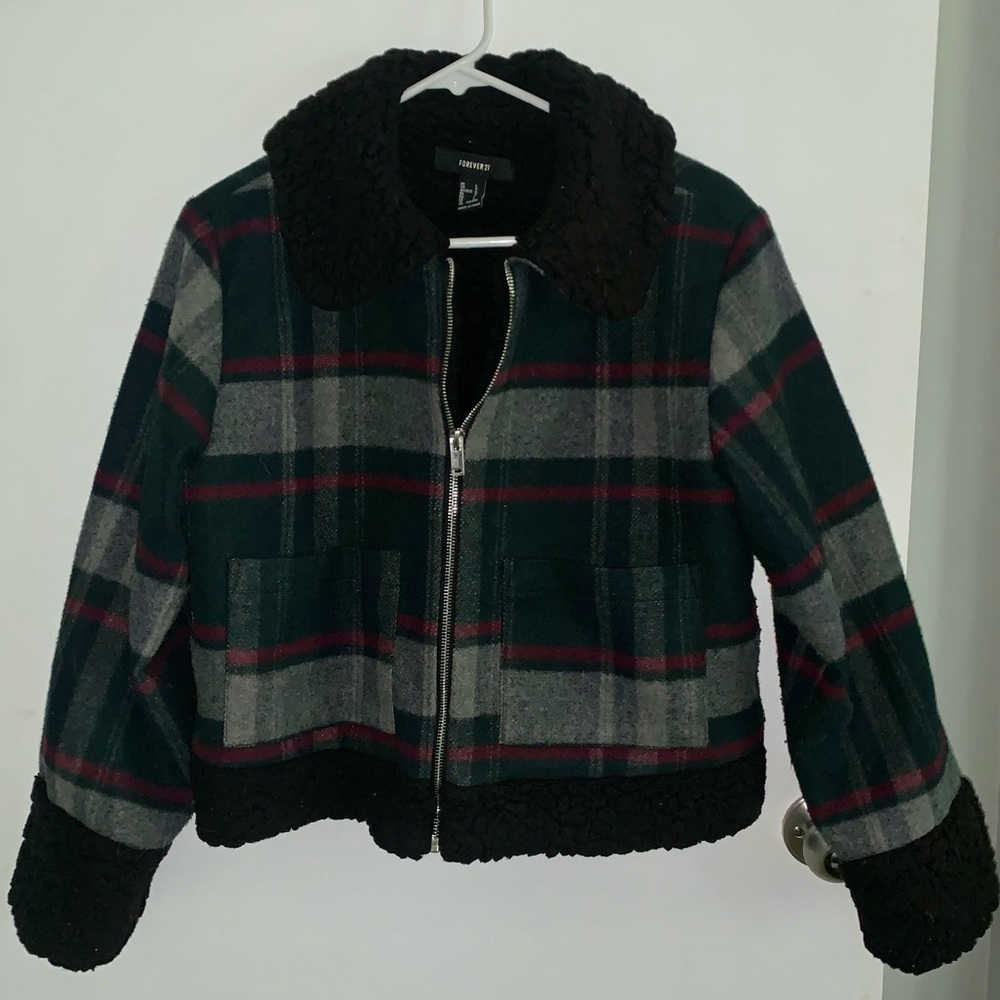 Plaid Faux Shearling Trim Zip Up Jacket